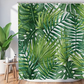 Hnmdmyi Shower Curtain Tropical Leaves 180 x 200 cm, Green Palm Leaves Shower Curtains Jungle Plant Botanical Bath Curtain Waterproof Polyester Fabric Washable Bath Curtain with Hooks