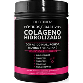 Quotidien Péptidos Bioactivos de Colageno Hidrolizado + Ácido Hialurónico + Biotina + Vitamina C-Suplemento Alimenticio específico para piel y uñas- ¡