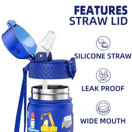 GOPPUS 420ml/14oz Kids Insulated Water Bottle with Straw Cute Double Wall Stainless Steel Child's Small Flask Vacuum Insulated Steel Metal Leak Proof Drink Flask Boys Toddler Girls Flask BPA-Free