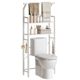 YATINEY Over The Toilet Storage, 2-Tier Bathroom Organizer Shelves with Hooks, Multifunctional Vertical The Toilet Shelf Storage Rack for Bathroom, White TR01WT