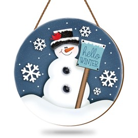 Whaline Christmas Snowman Wooden Hanging Sign Hello Winter Door Hanger Sign Snowflake Front Door Decor Xmas Winter Welcome Wreath Sign for Indoor Outdoor Home Farmhouse Wall Window Decor