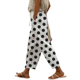 chouyatou Women's Vintage Floral Print High Elastic Waist Wide Leg Capri Beach Palazzo Pants with Pockets (Large, Polka Dot)
