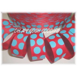 7/8 RED TURQUOISE CAT JUMBO DOTS POLKA GROSGRAIN RIBBON 4 HAIRBOW BOW