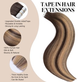 Tape in Hair Extensions Real Human Hair，Bleach and Caramel Blonde Remy Human Hair 16 in50g Seamless Tape in Hair Extensions ，Thick Ends Straight Seamless, Invisible Tape in Hair Extensions Human Hair