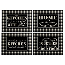 4Pack Farmhouse Decor Placemats Black White Buffalo Plaid Kitchen Inspirational Quotes Decor Table Mats Waterproof Heat Resistant Washable Non-Slip Place Mats for Dinner Kitchen Decor Table 12”×16”