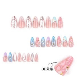 24pcs Blue Pink Long Almond Fake Nails Flower French Tip Press on Nails With Gold Rhinestones Butterfly False Nails With Glue Glossy Acrylic Artificial Fingernails Women Summer Nail Art Supplies