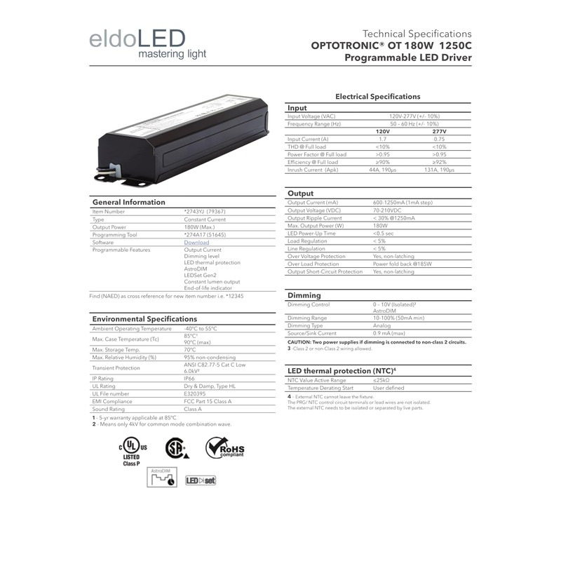 eldoLED | 2743YJ OPTOTRONIC OT 180W 1250C Programmable LED Driver