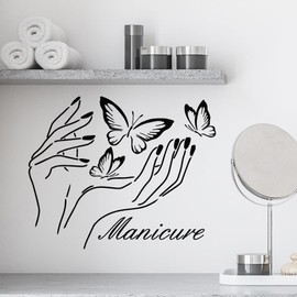 Vinyl Wall Decal Nail Design Polish Manicure Fashion Butterflies Beautiful Hands Stickers Mural Large Decor (g6573) Black
