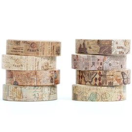 YUBX Vintage Washi Tape Set 8 Rolls Thin Retro Decorative Antique Patterns Masking Tapes for Arts, DIY Crafts, Journals, Planners, Scrapbook, Wrapping (Junk Books)
