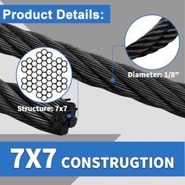 BBRUN 1000FT 1/8" Black Stainless Steel Cable 7x7 Strands Aircraft Deck Cable Railing Kit System T316 Wire Rope with Cable Cutter 1850 lb Breaking Strength, Metal Wire Cable for Fence