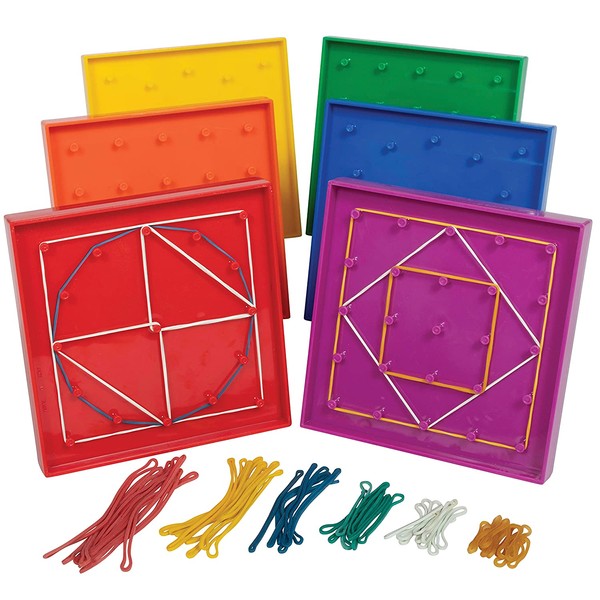 edxeducation Double-Sided Geoboard Set - in Home Learning Manipulative for Geometry and Creativity - 5 x 5 Grid/12 Pin Circular Array - Set of 6 with Rubber Bands, Assorted, 5 W in (7728)