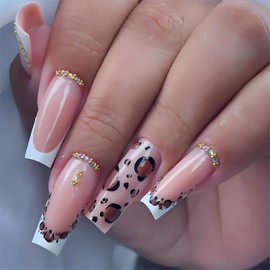 Jremg Leopard Print Press on Nails Long Square Fake Nails with 3D Gold Rhinestones Designs Nude Pink False Nails Glossy White French Tip Cheetah Glue on Nails Reusable Stick on Nails for Women 24Pcs