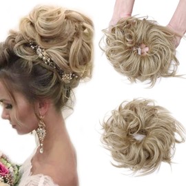 Messy Hair Bun Chignons Synthetic Hair Extensions Wavy Donut Updo Scrunchy Curly Hairpieces Ash Blonde