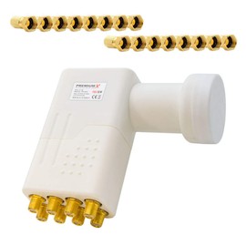 Premium X Octo LNB White Direct Connection 8 Participants Receiver Satellite TV Signal Converter HD 4K Including 16x F-Connector Gold-Plated with Sealing Ring
