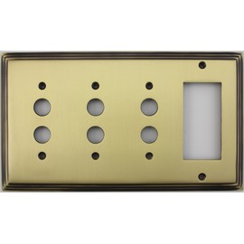 Deco Step Style Antique Brass 4 Gang Switch Plate - 3 Push Button Light Switch Openings One GFI/Rocker Opening