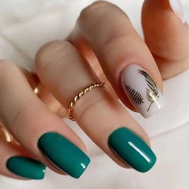 24 Pcs Dark Green Coffin Press on Nails Medium Fake Nails, Reusable Glue on Nails Short Ballerina Nails Press ons, French Acrylic False Nails Full Cover Artificial Fingernails for Women