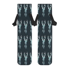 Xmkltbz 1 Pair Soft Socks Black Holding Hands, Compression Knee High Stockings Long Athletic Circulation 16x3.9 in Print Reindeer Deer Head on Landscape with Trees and Mountains on Dark