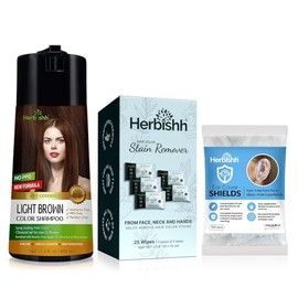 Herbishh Light Brown 3 in 1 Hair Dye Shampoo 400 ML PPD Free + Hair Color Stain Remover Wipes 25 pcs + Hair Dye Stain Protection for Ears 100 pcs
