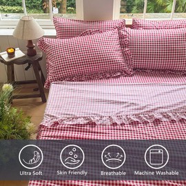 NSNLGSGC Red Gingham Ruffle Queen Sheet Set, Red Soft Pre-Washed Microfiber Plaid Queen Bed Sheets, 4-Pieces Farmhouse Sheet Set with Deep Pocket