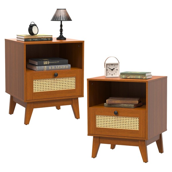 Ryvorbe Rattan Nightstand Set of 2, Farmhouse End Table with