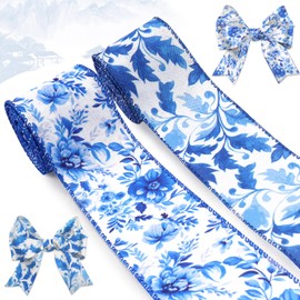 Blinket Spring Flower Wired Edge Ribbon DIY Crafts Gift Wrapping Wreath Bows，Blue Porcelain Chinoiserie Floral Ribbon for Bow Wreath Spring Summer Party Home Decor, 2.5''*5 Yards