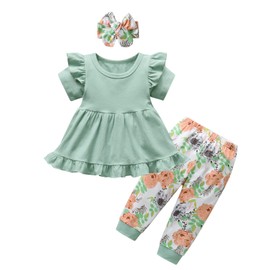 Infant Baby Girls Clothes Toddler Ruffle Short Sleeve Solid Color Sweatshirt Pullover Tops Floral Pants Headband 3pcs Outfits Set Green 9-12 Months