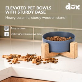 DDOXX Ceramic Dog Bowls - Feeding Bowl with Wooden Stand for Food or Water - Elevated Design for Dogs and Cats - Promotes Healthy Digestion - Ideal for Indoor Feeding - Blue, 6.8"x2.7"