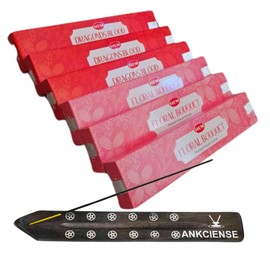 Hem Masala Incense Pack of 3 Each Fragrance, Bundled with ANKCIENSE Incense Holder (Champa & Myrhh) (Dragon Blood & Floral Bouquet)