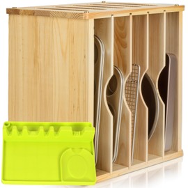 6 Tier Wooden Cabinet Tray Dividers for Baking Trays, Pans & Cutting Boards - 16.61" W x12.4 D x14.09 H Vertical Cookie Sheet Organizer, Spoon Rest, Utensil Holder, Kitchen for Pots Pans Storage