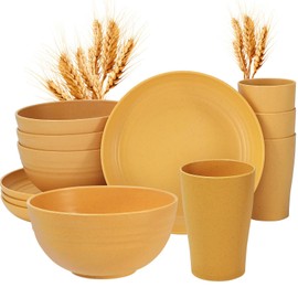 12pcs Wheat Straw Dinnerware Sets, Wheat Straw Plates and Bowls Set for 4 Microwave Safe (Golden)