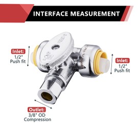 (Pack of 2) EFIELD Push Fit Tee Stop Valve 1/2" Push x 1/2" Push x 3/8" OD, 1/4 Turn Water Shut Off Valve Chrome with a Disconnect Clip
