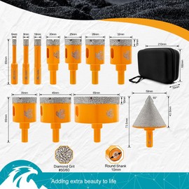 EXFEIN 11pcs Diamond Core Drill Bits Set - 6/8/10/20/25/28/32/35/45/65MM Tile Hole Saw Kit with 2" Beveling Chamfer Bit
