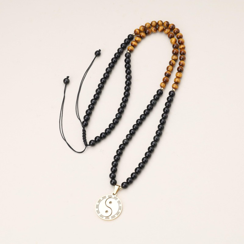 COAI 108 Mala Necklaces Ying Yang Pendant, Obsidian Tiger's Eye