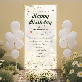 Happy Birthday in Heaven Door Banner Remembrance Memorial Decorations Funeral Memorial Door Banner Happy Heavenly Birthday Remembrance Sign for Cemetery 70.8 * 35.4 inch White