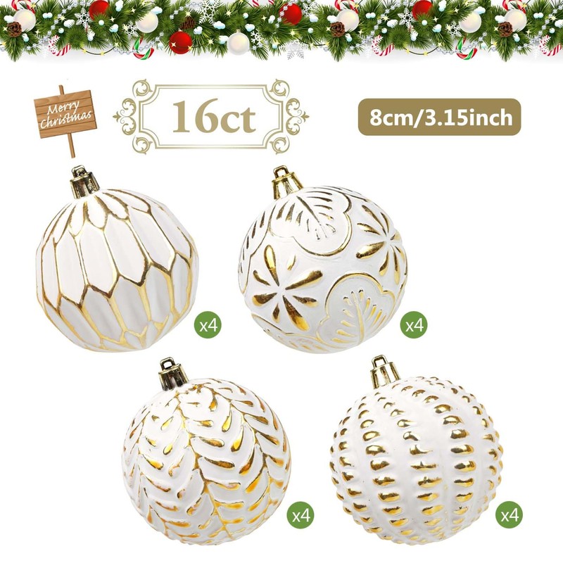 SVNVIOZ White Gold Christmas Baubles Decorations, 16Pcs 8cm Christmas Tree