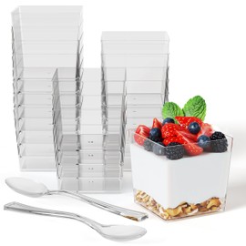 Exquisite Mini Dessert Cups with Spoons 400 Pcs - 3.6 Oz Square Dessert Cups With Tasting Spoons 200 Sets | Mini Parfait Cups | Appetizer Cups For Party | Plastic Dessert Cups