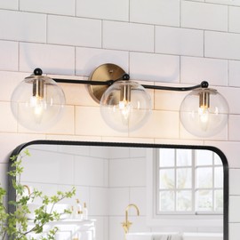 KSANA Black Gold Vanity Light, Modern 3-Light Bathroom Light Fixtures, Electroplated Brass Vanity Lighting with Clear Glass Globes Over Mirror