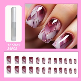 24 pcs Burgundy Marble Square Press-On Nails - Full Cover False Nails with Removable Glue for Women & Girls - Nail Art Accessories