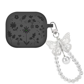 CameCosy for AirPods 3rd Generation Case with Silver Butterfly Keychain, Pretty Engraved Flower Design Soft Dust Cap Shockproof Protective Cover Case for Airpods 3 Gen-Black