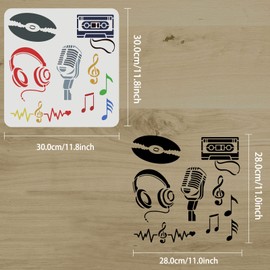 FINGERINSPIRE Musical Stencil 11.8x11.8 Inch - Music Notes, Microphones, Tapes, CDs, Headphones Pattern - Reusable Plastic DIY Stencil for Home Decoration