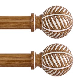 HTZON Wood Boho Curtain Rods for Windows 2Pack:Wooden Farmhouse Decorative Curtain Rod for Bedroom Living Room,Heavy Duty Adjustable Rustic Bamboo Drapery Rods with Imitation Wood Finial,Brown 66-120"