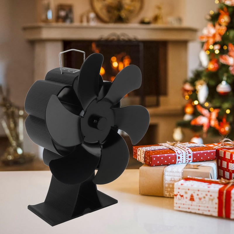 Black 6 Blade Heat Powered Stove Fan Thermodynamically Driven Fireplace