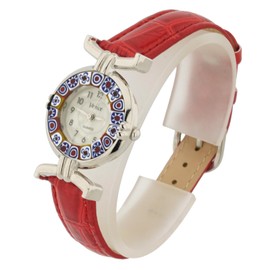 Glass Of Venice Murano Glass Millefiori Watch with Leather Band - Red