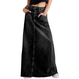 chouyatou Women's Vintage A-Line Frayed Maxi Denim Skirt Distressed High Waist Long Jean Skirt, Black, X-Large