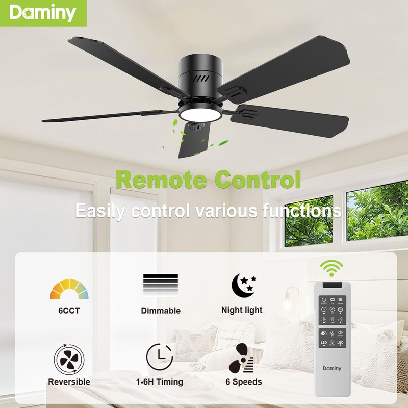 DAMINY 52 inch 5 Blades Black Ceiling Fans with Lights,Flush