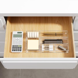 HBlife Acrylic Desk Drawer Organizer Tray with 6 Compartments, Small Clear Office Drawer Organizers and Accessories for Pens, Pencil, Makeup, Desktop, Bathroom and Kitchen, 11.65 x 6.1 x 1.38 Inch