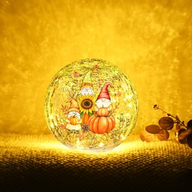 FRAMICS Fall Decorations for Home 4" Gnome Pumpkin Crackle Glass Balls Led Globe Light with Timer Thanksgiving Decorations Lighted Fall Decor Thanksgiving Centerpieces for Tables Gift