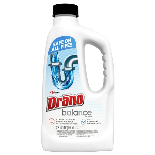 Drano Balance Drain Clog Remover and Cleaner, Non-Corrosive Formula, Safe on All Pipes, Formulated Using Only Essential Ingredients, 32 Fl Oz