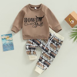 Western Baby Boy Clothes Cow Print Crewneck Sweatshirt Top Casual Pants Set 2Pcs Cowboy Fall Winter Outfits (Coffee-Howdy Yall, 6-12 Months)