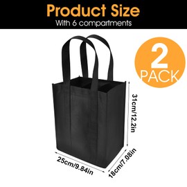 TIESOME 2 Pcs Wine Carrier Tote for Travel, 6 Bottle Holder With Divider, Non-Woven Reusable Gift Bag, Portable Washable With Carry Handle for Camping Picnic